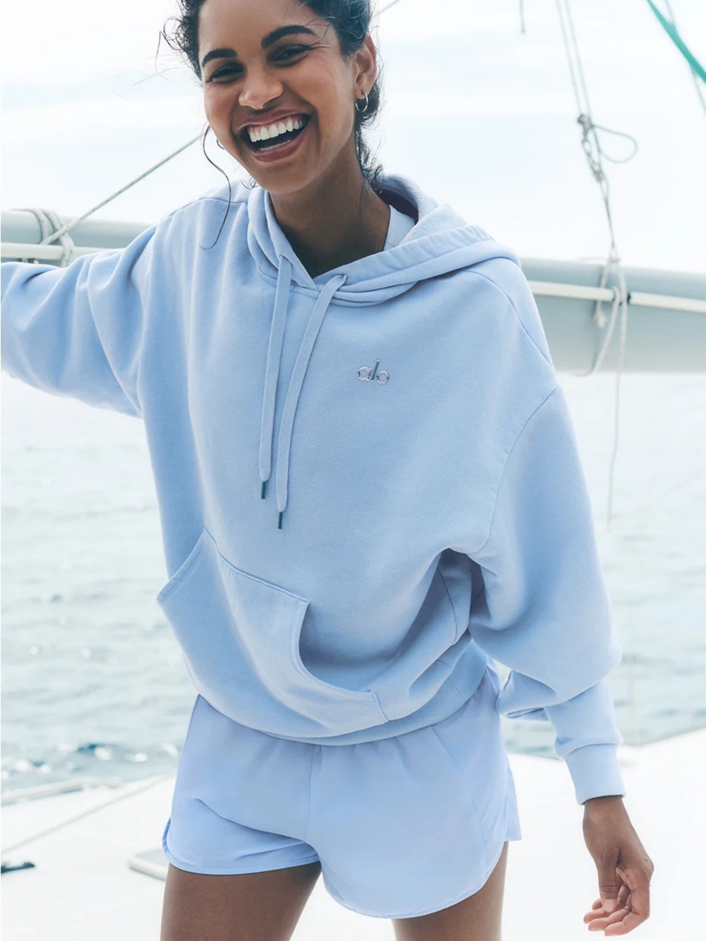 ALO Yoga Seashell Blue Accolade Hoodie and sweatshort set